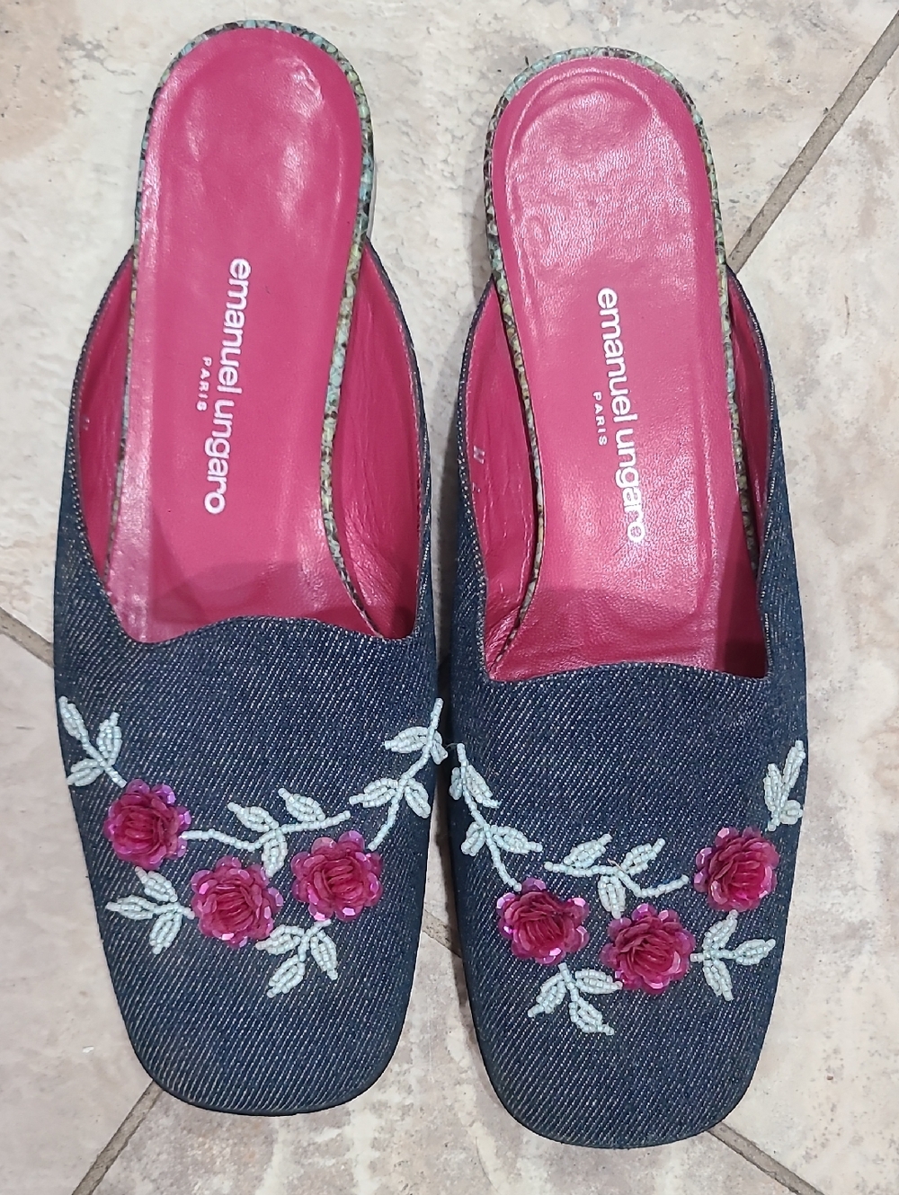 Emanuel Ungaro Denim Slide Mules with Pink Floral Embroidery